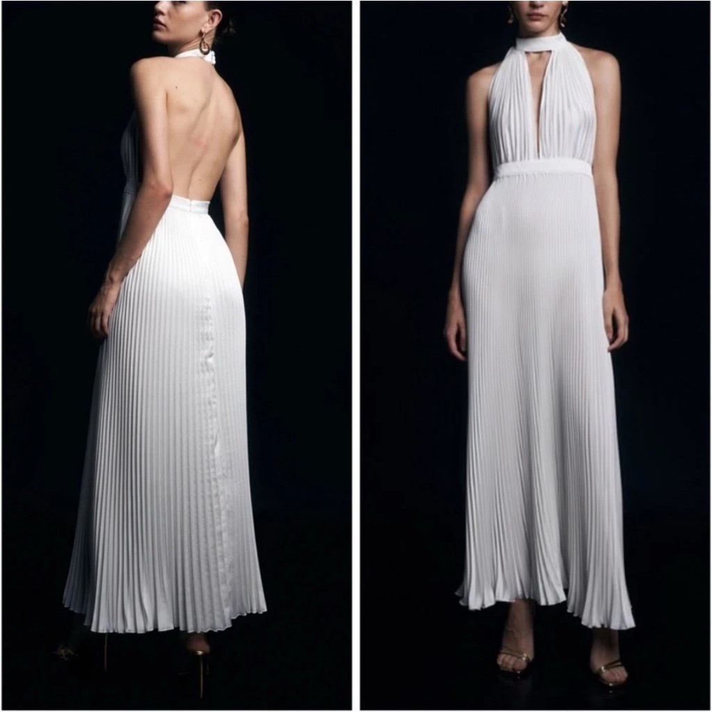 L'idee Chateau Gown Halter Front Cutout Plated Midi Dress Ivory White Size 14